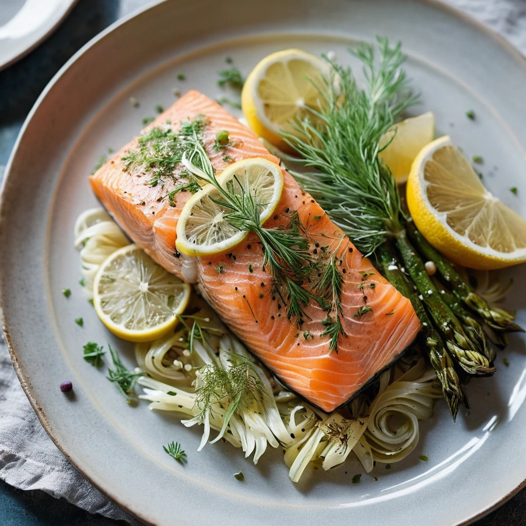 Baked salmon fillet on a bed of sliced fennel, drizzled with citrus juice and dotted with herbs, served on a rustic plate.