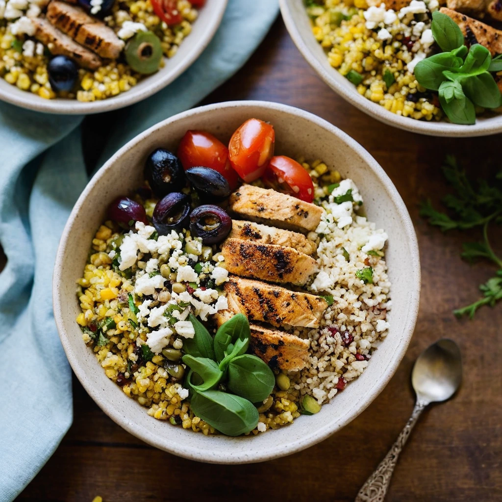 Colorful bowl with grilled chicken, golden couscous, red sun-dried tomatoes, green olives, and white feta cheese.