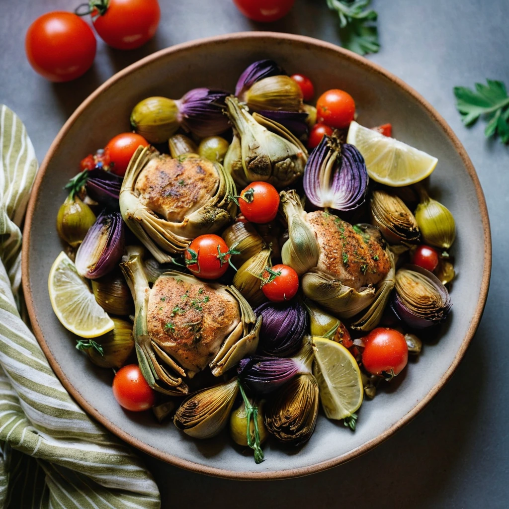 Chicken thighs served over a bed of colorful artichokes and tomatoes in a rustic bowl.