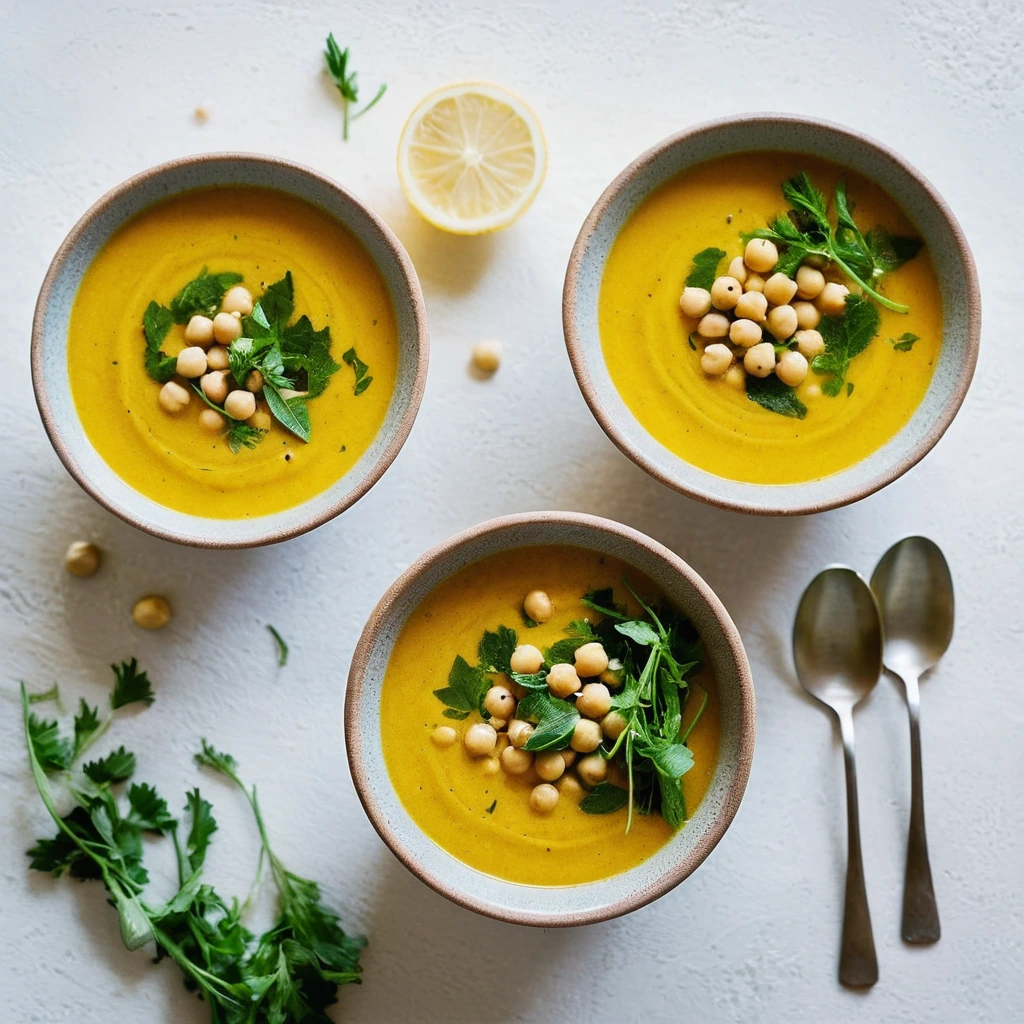 Bowl of vibrant yellow soup with green herbs and whole chickpeas, garnished with lemon slices.