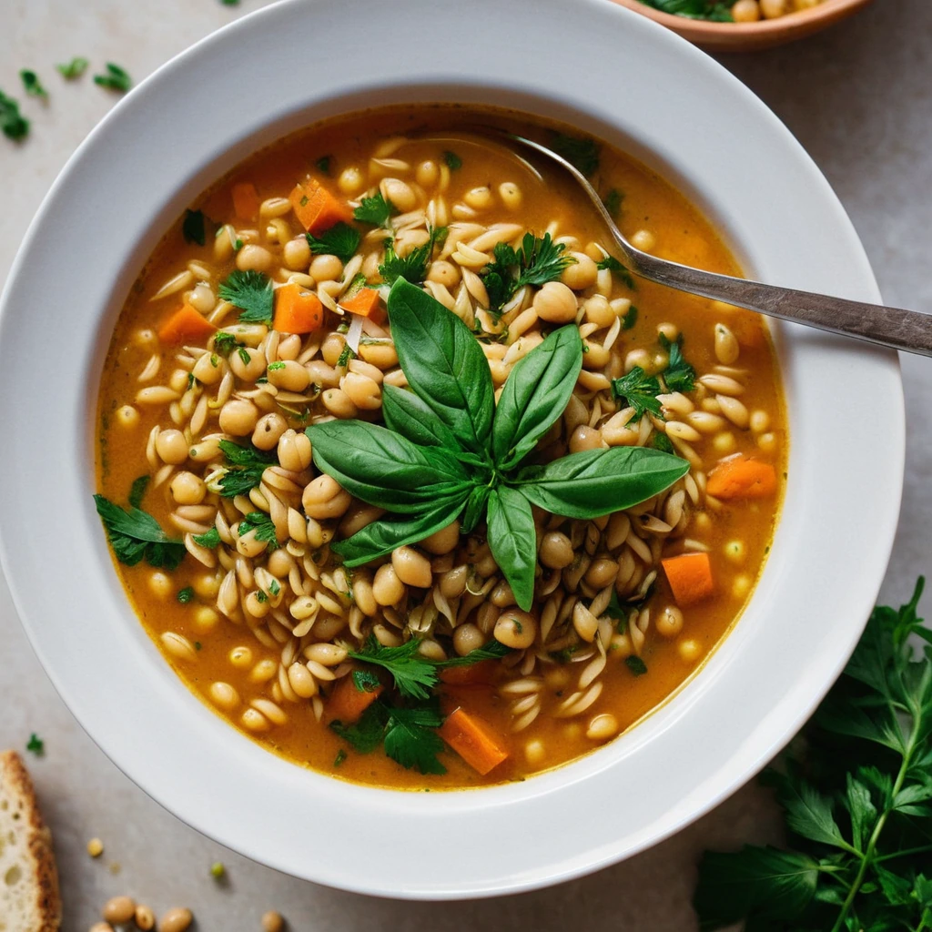 Bowl of golden orzo and chickpeas in a vibrant orange broth with fresh herbs sprinkled on top.