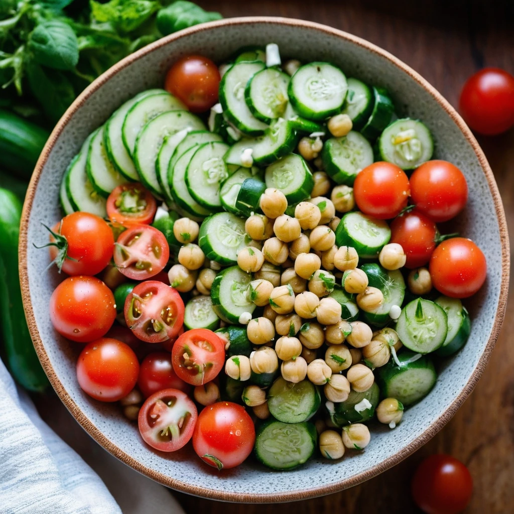 Colorful salad in a wooden bowl with green cucumbers, red tomatoes, and white chickpeas drizzled with olive oil.