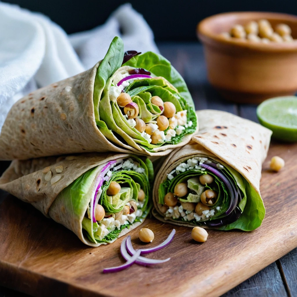 Colorful lettuce wraps filled with a vibrant mixture of chickpeas, feta, and herbs on a rustic wooden board.