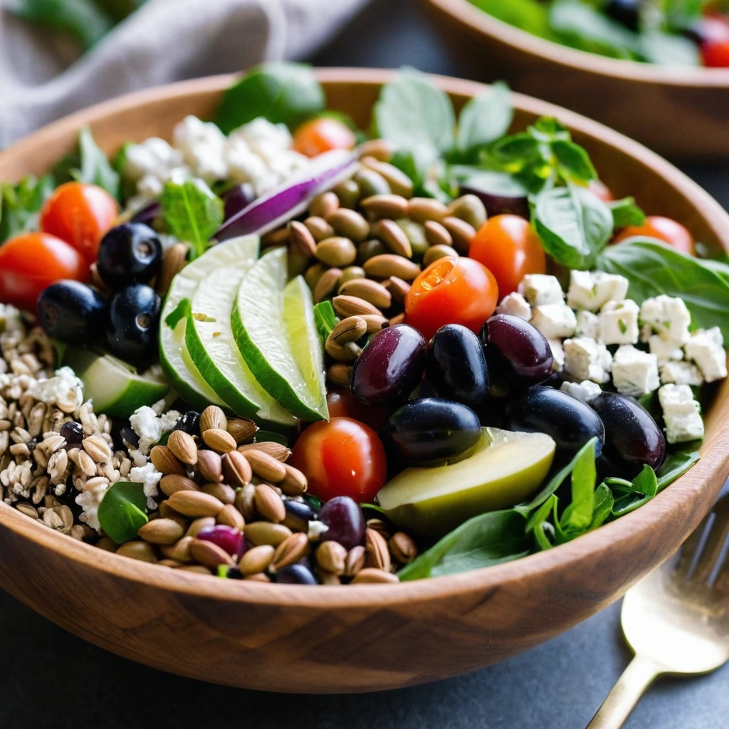 Colorful farro salad in a wooden bowl topped with olives, cherry tomatoes, and feta cheese