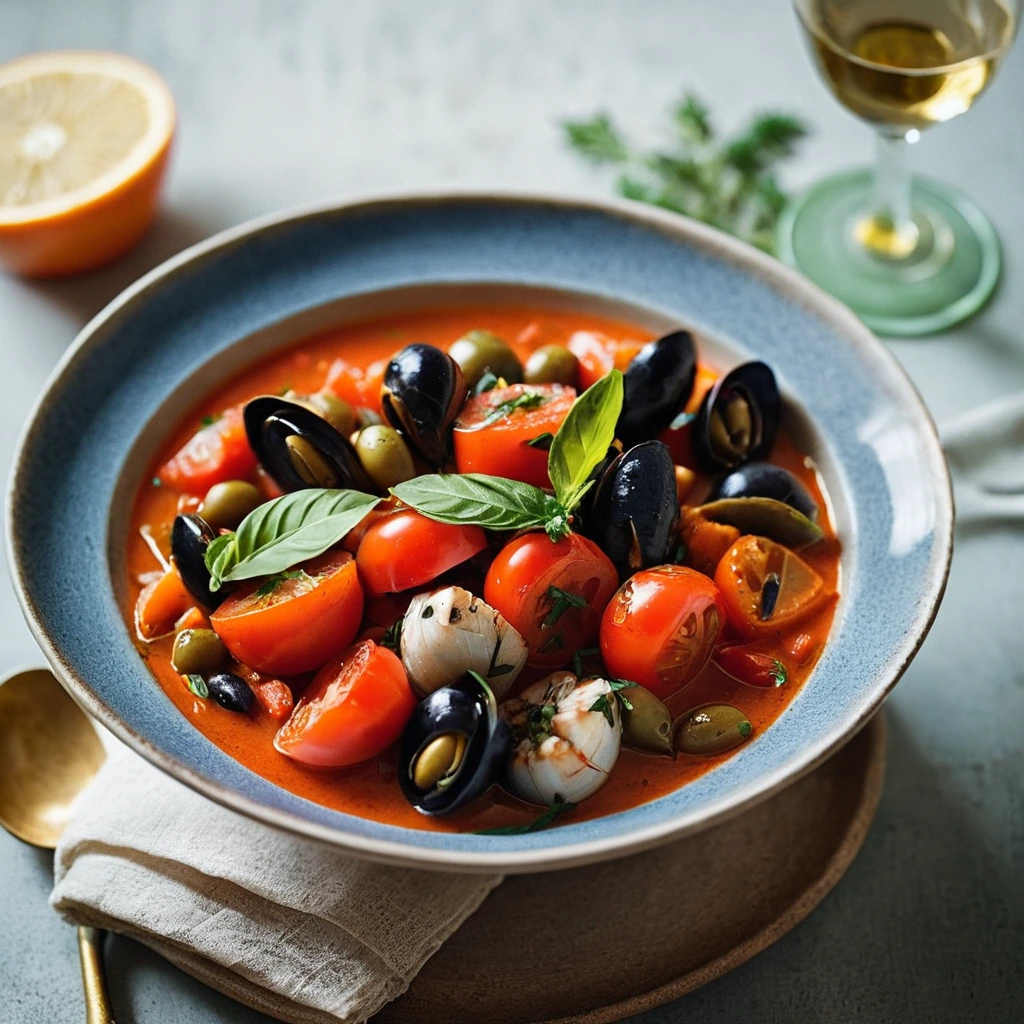 Bowl of vibrant orange and red stew with white fish chunks and green herbs on top.