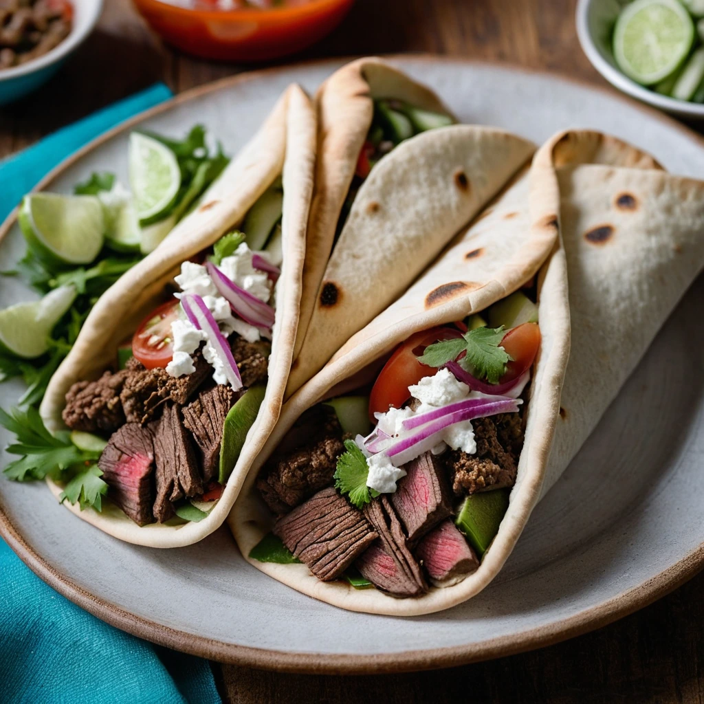 Warm pita bread filled with seasoned lamb and beef mixture, topped with vibrant cucumber and tomato salad.