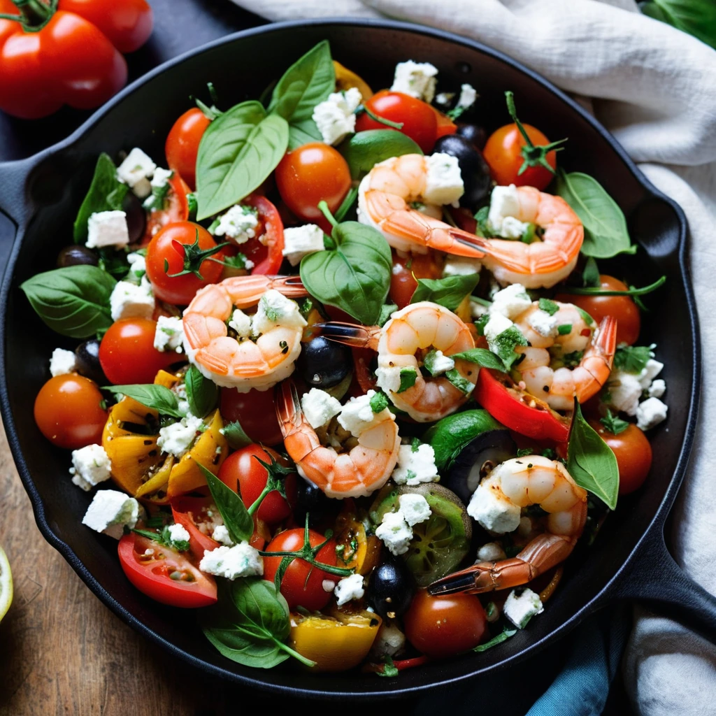 Colorful skillet with shrimp, tomatoes, peppers, and feta cheese in a vibrant sauce.