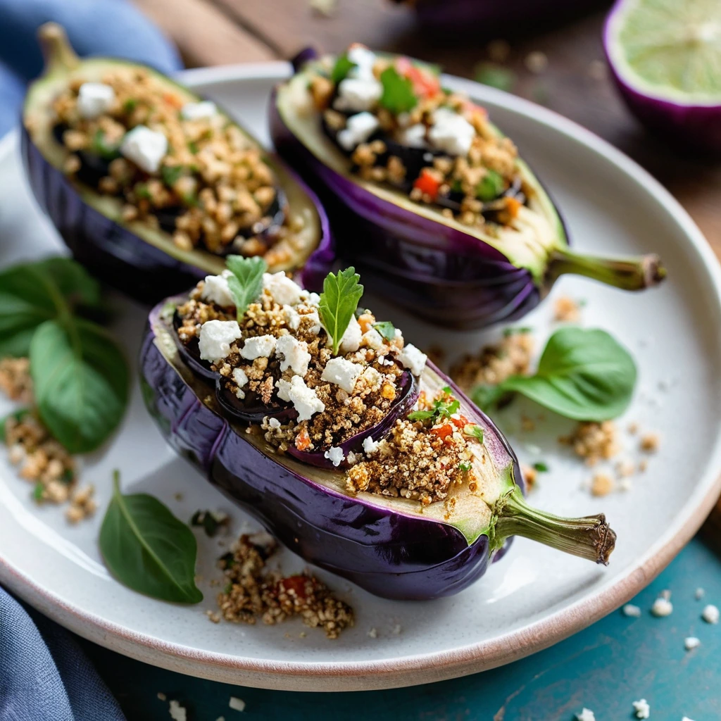 Two roasted eggplant halves filled with colorful vegetables and topped with golden feta crumbs on a rustic wooden board.