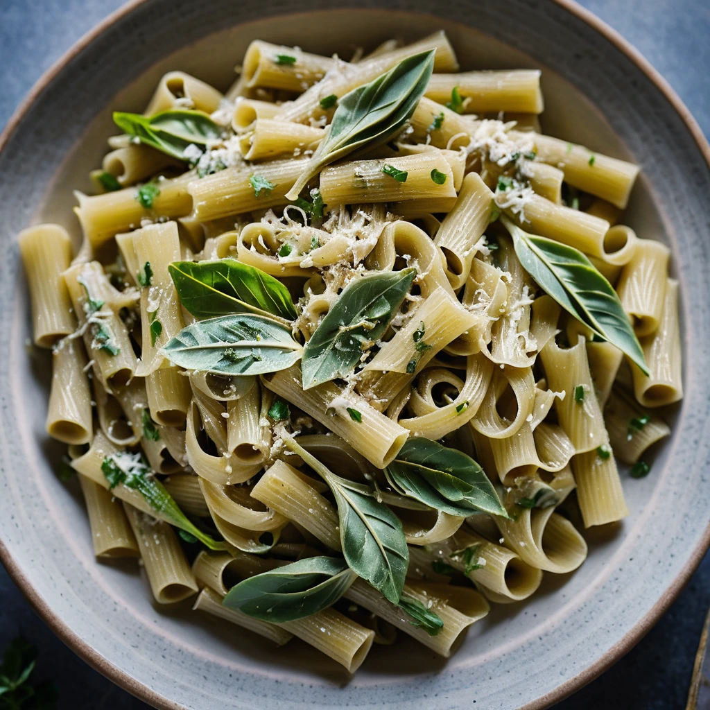Golden pasta twirled with green artichoke hearts and flakes of tuna, drizzled with a creamy sauce, garnished with parsley.