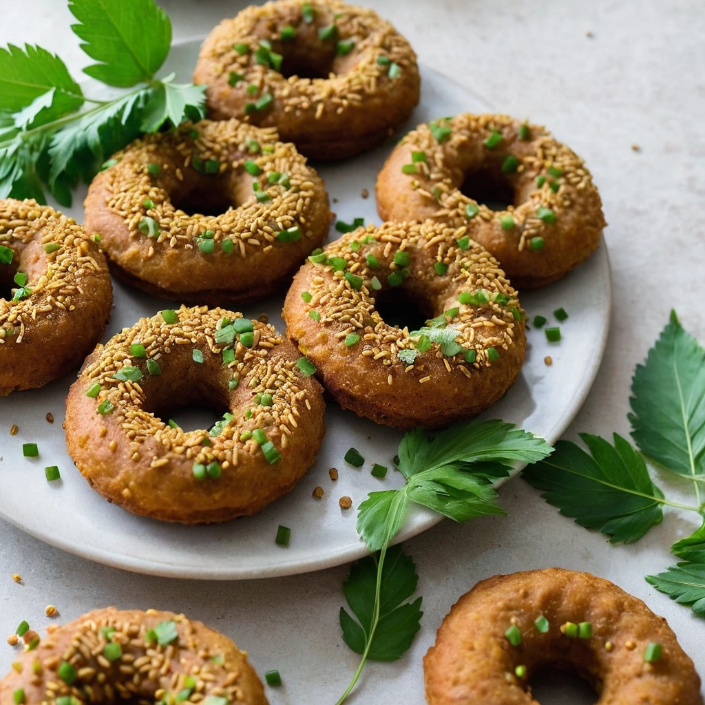 Crispy golden brown lentil donuts arranged on a plate with fresh cilantro garnish.