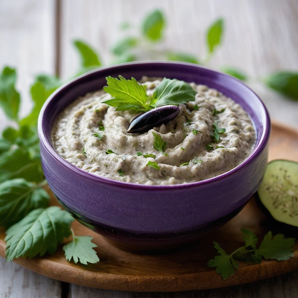Creamy purple-tinged eggplant dip in a rustic bowl with a drizzle of olive oil and sprinkle of parsley.