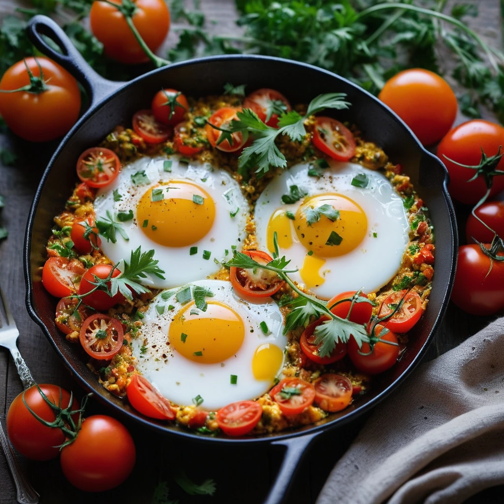 Golden eggs in a skillet with red bell peppers and tomatoes, vibrant green parsley sprinkled on top.