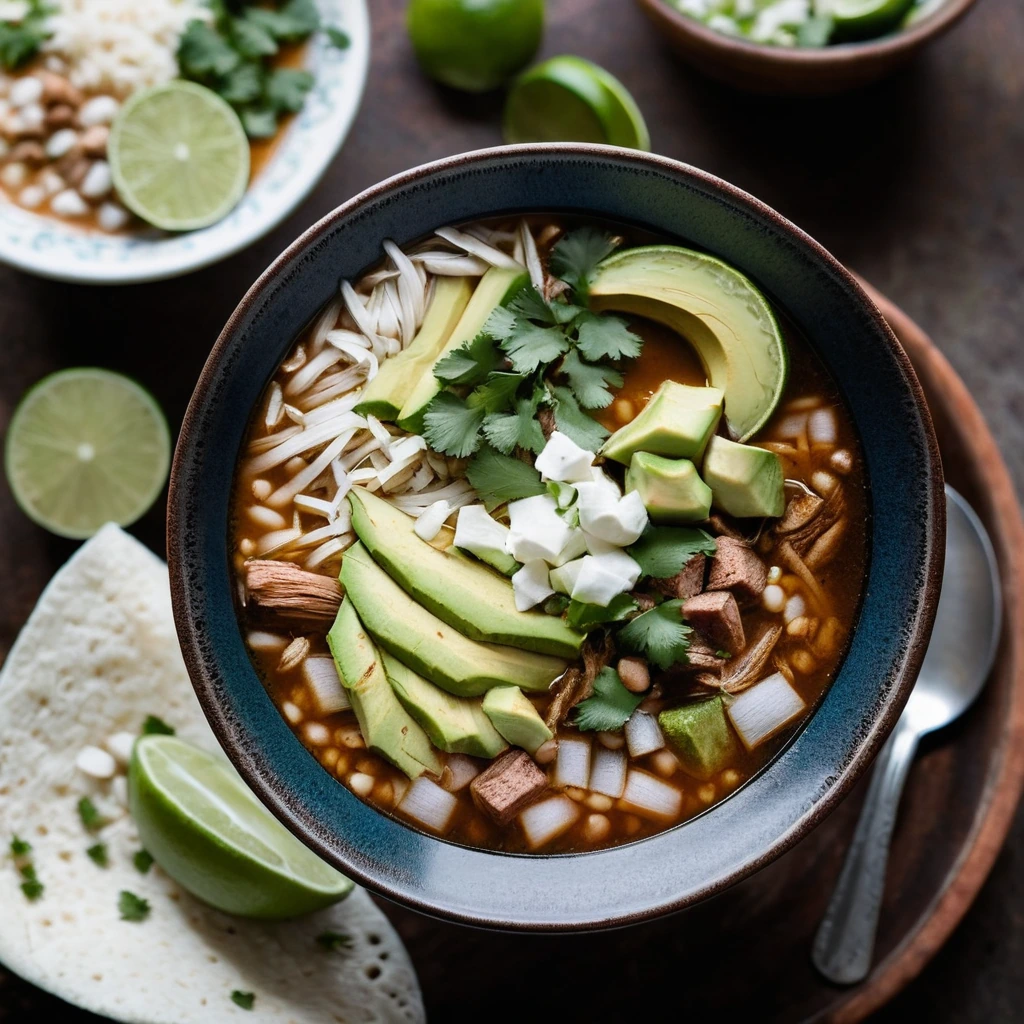 Bowl of hearty pork soup with white hominy, green onions, and avocado slices.