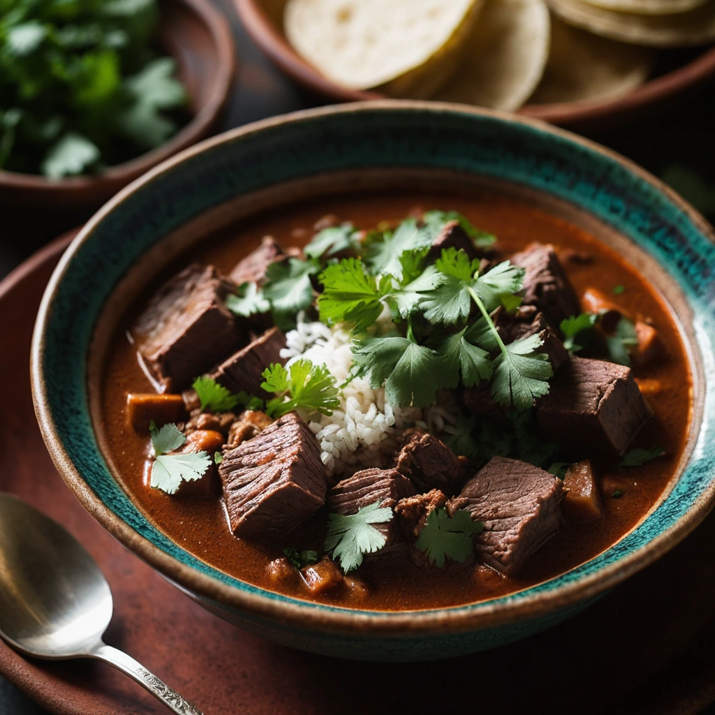 Hearty pork stew in a red sauce with cilantro garnish served in a rustic bowl