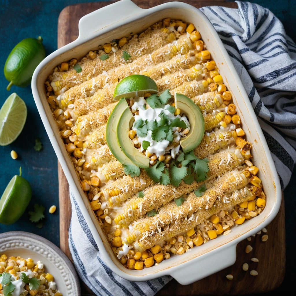 Golden-brown casserole with layers of tender chicken, grilled corn kernels, and melted cheese, garnished with cilantro and lime wedges.
