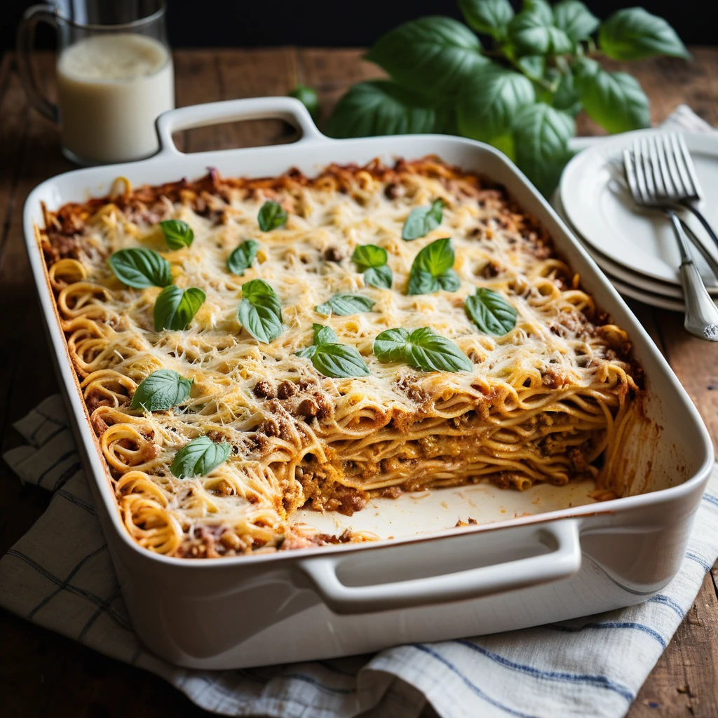 Golden bubbly casserole in a rectangular baking dish with a sprinkle of melted cheese on top, served in a rustic kitchen setting.