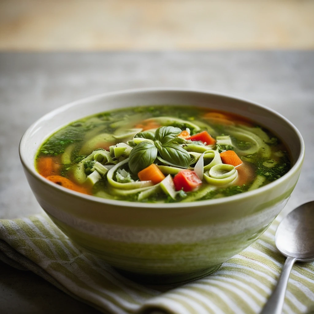 Steamy bowl of minestrone soup with a swirl of bright green pesto on top