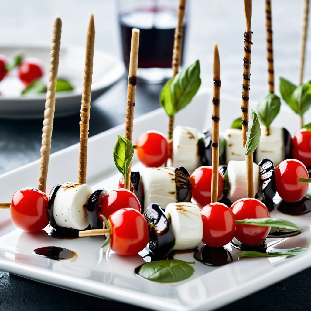 Colorful skewers with cherry tomatoes, mozzarella balls, and basil leaves arranged on a white plate, drizzled with dark balsamic glaze.