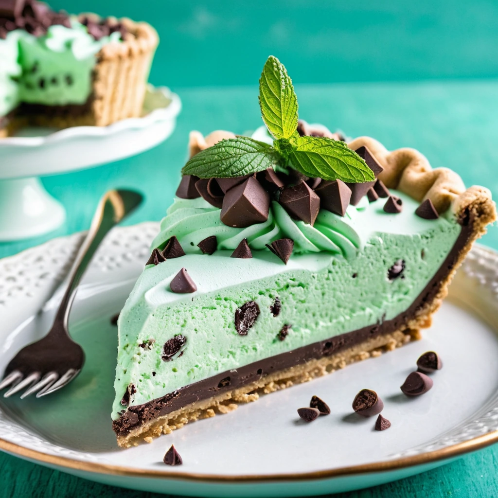 A slice of pie with vibrant green mint ice cream, chocolate chips, and a golden graham cracker crust.