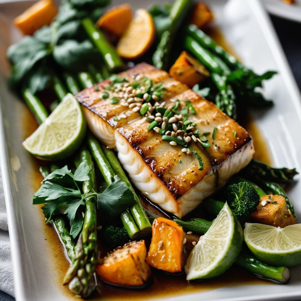 Golden cod fillet with roasted vegetables on a parchment-lined baking sheet, drizzled with a shiny miso-ginger glaze.