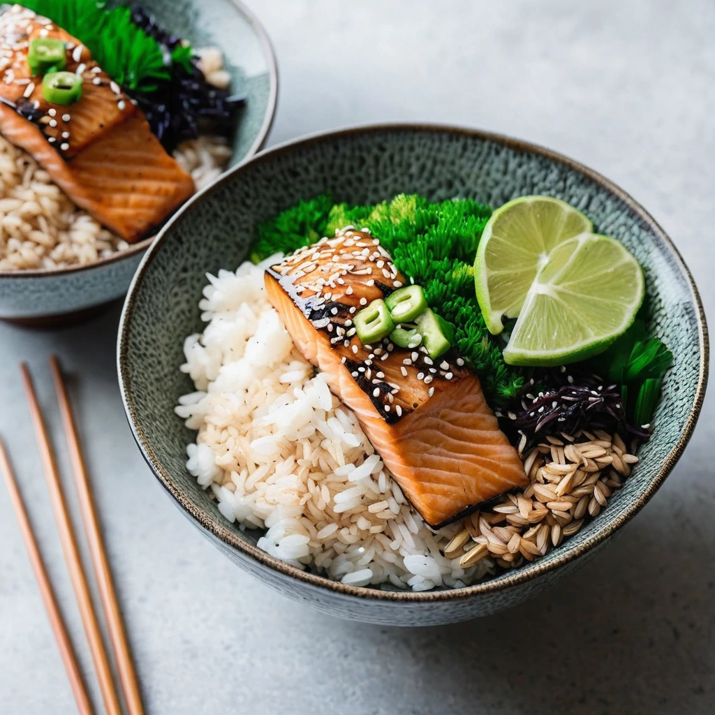 Bowl of jasmine rice topped with a piece of miso-glazed salmon, green onions, and sesame seeds