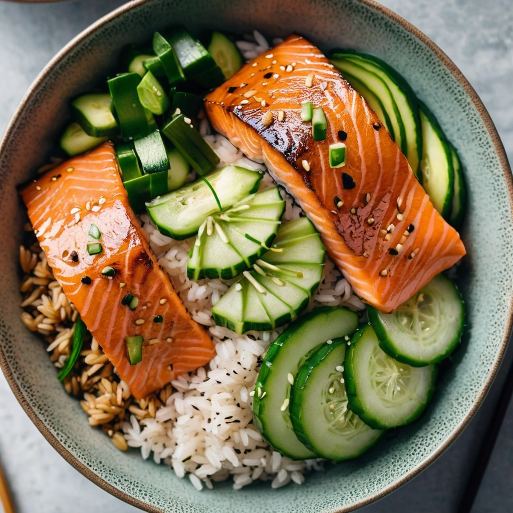 Colorful bowl with golden miso-glazed salmon, fluffy jasmine rice, and vibrant green cucumber slices.