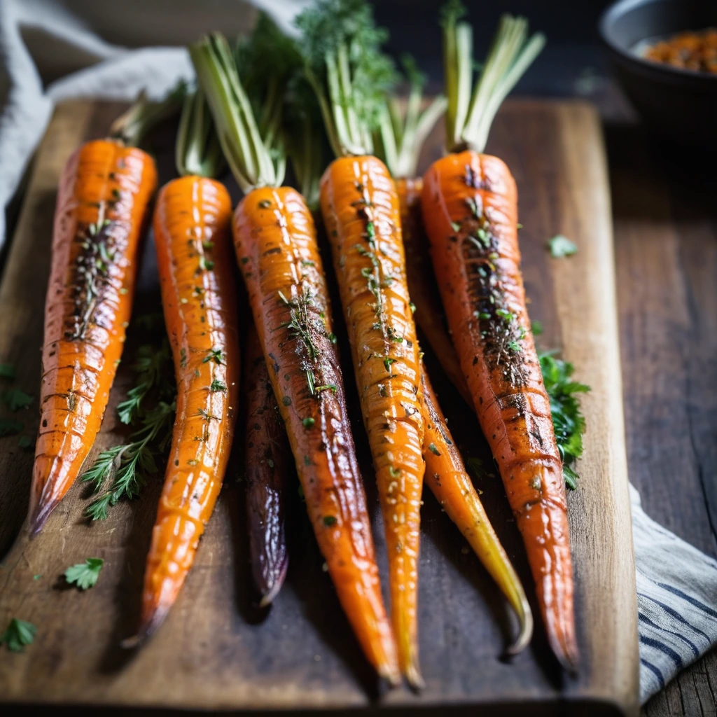 Golden roasted carrots glazed with a rich, dark miso maple butter, arranged on a rustic wooden board.