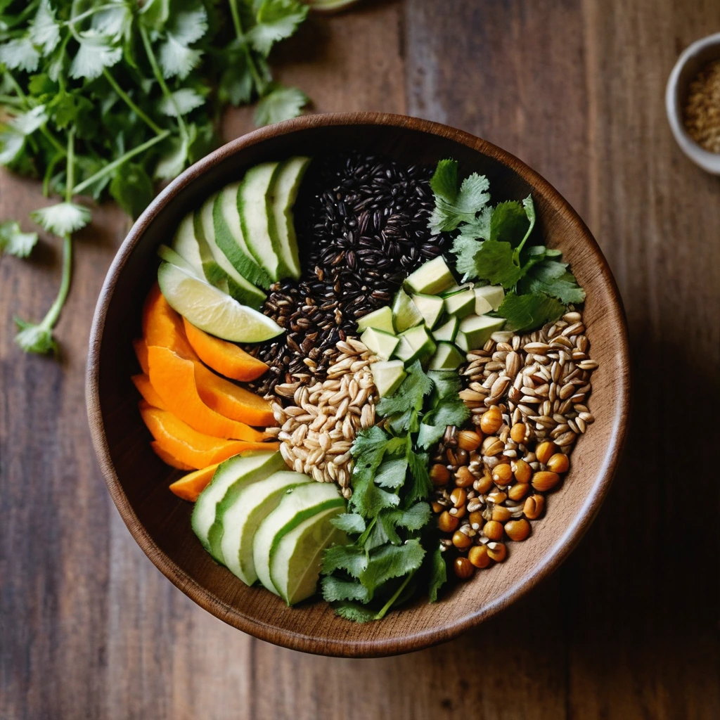 A rustic wooden bowl filled with vibrant grains and drizzled with a rich amber dressing.