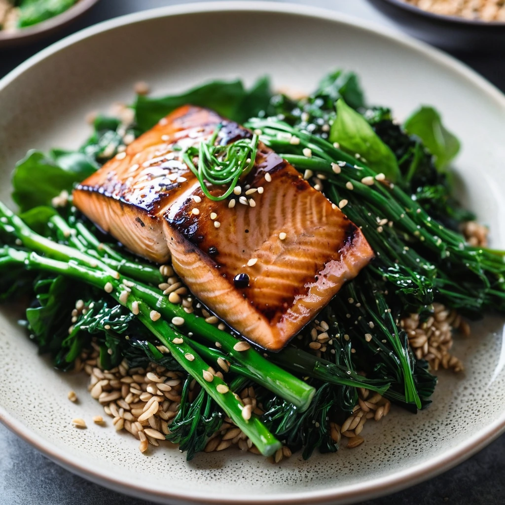 Glossy glazed salmon fillet atop a bed of vibrant green sautéed greens, sprinkled with sesame seeds.