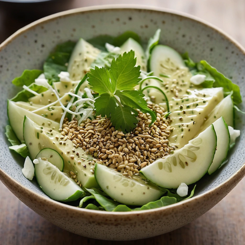 Creamy golden dressing in a clear bowl with a sprinkle of sesame seeds on top.