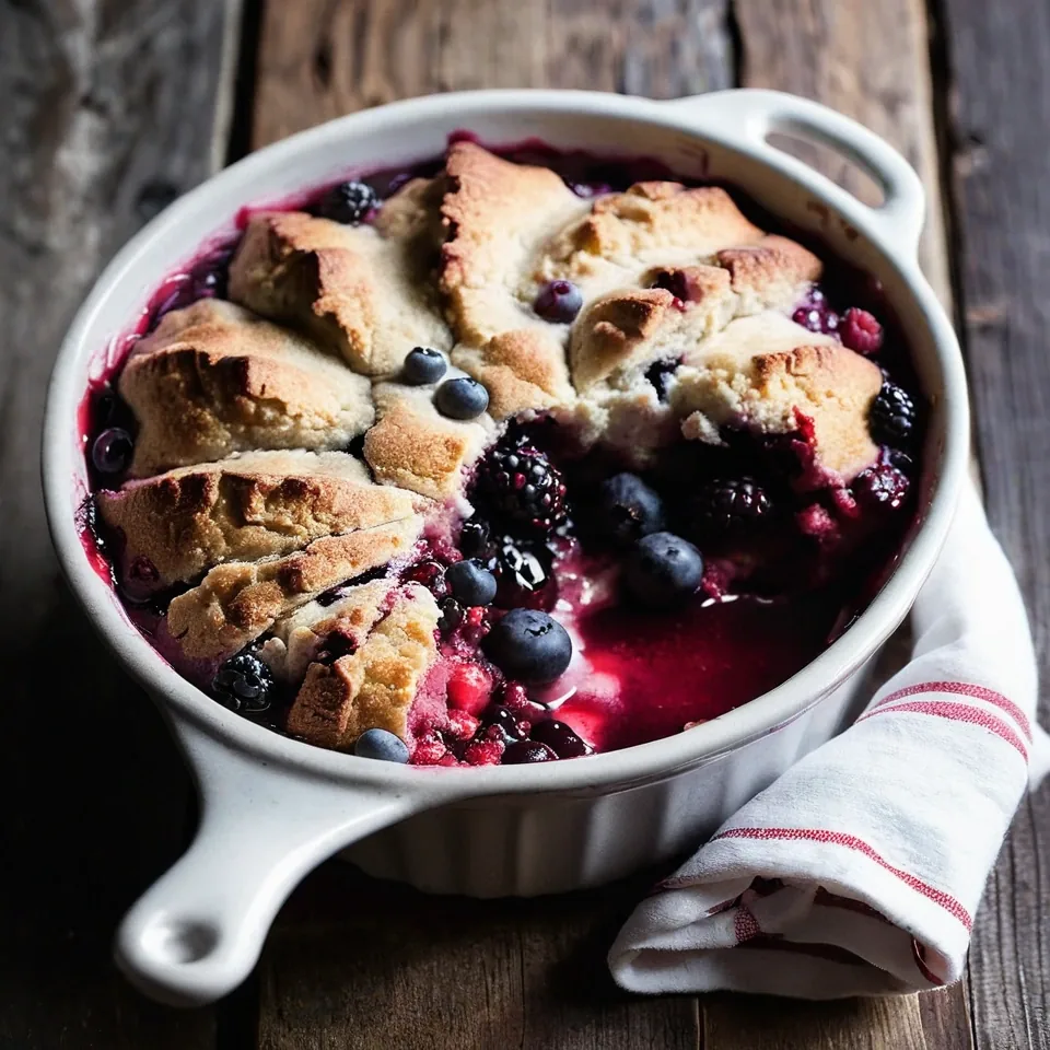 A plated serving of Mixed Berry Cobbler