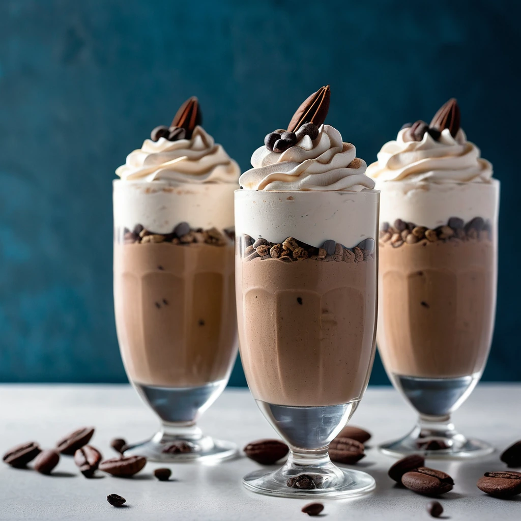 Tall glasses filled with layers of mocha mousse and cocoa nibs, topped with whipped cream and coffee beans.