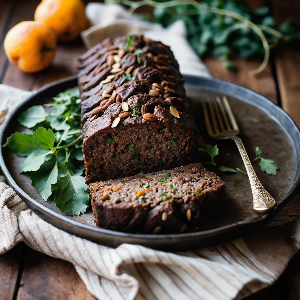 Golden brown meatloaf with a lattice pattern, topped with toasted almonds and apricots, served on a rustic platter.
