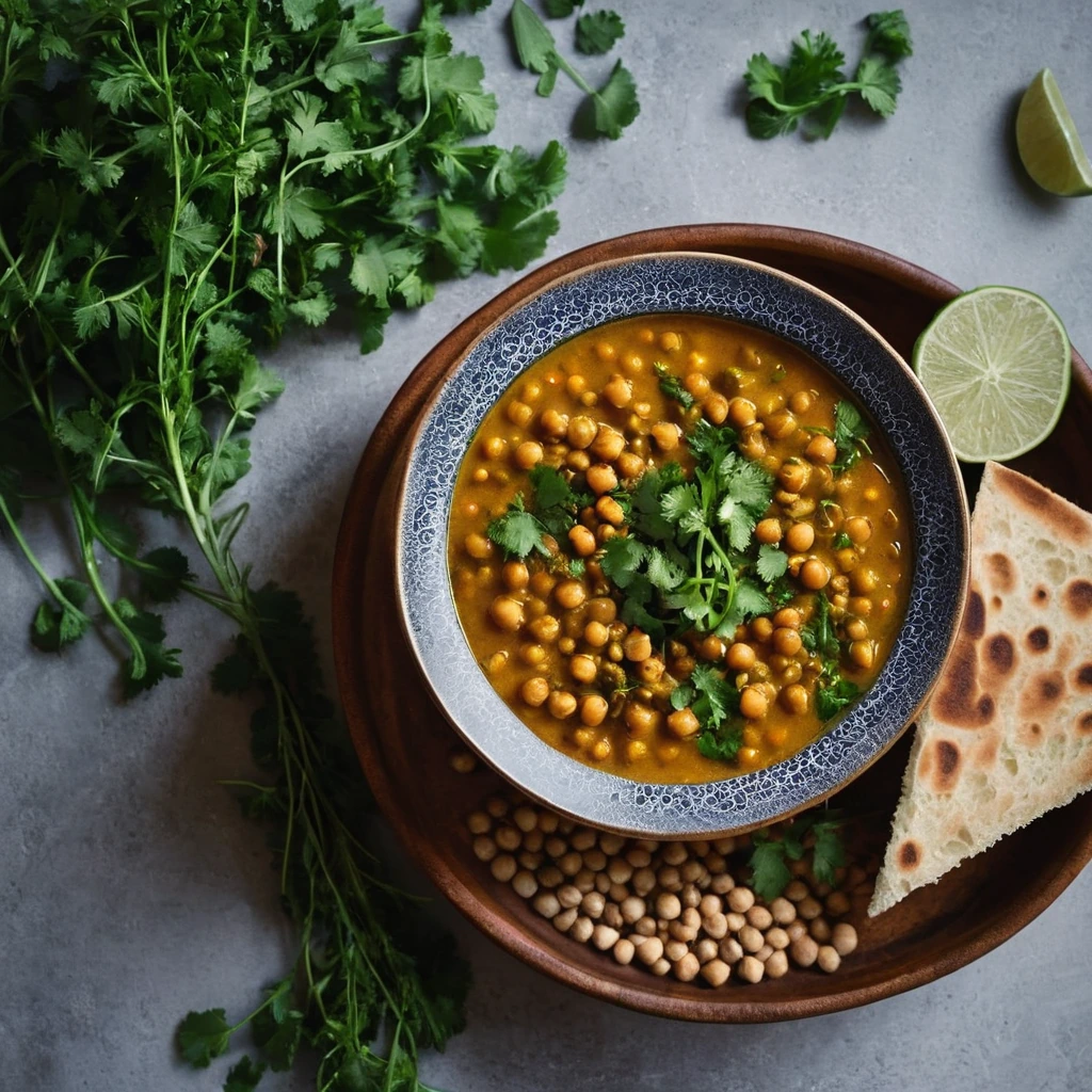 Steaming bowl of golden soup with chickpeas and lentils, garnished with fresh cilantro.