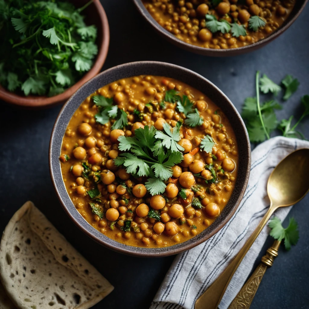 Steaming bowl of golden stew with green cilantro garnish