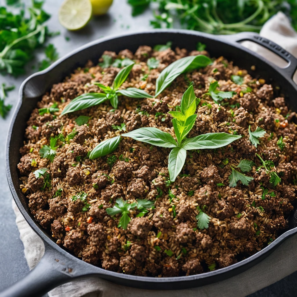Golden brown ground beef in a skillet with a sprinkle of green herbs on top