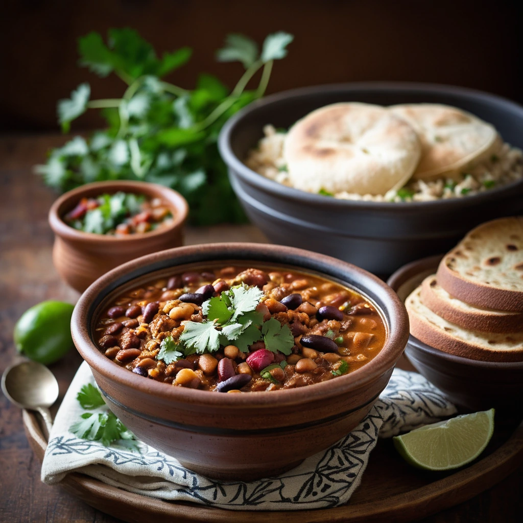 A steaming bowl of chili with chunks of pork and beans, sprinkled with fresh cilantro and a side of crusty bread.