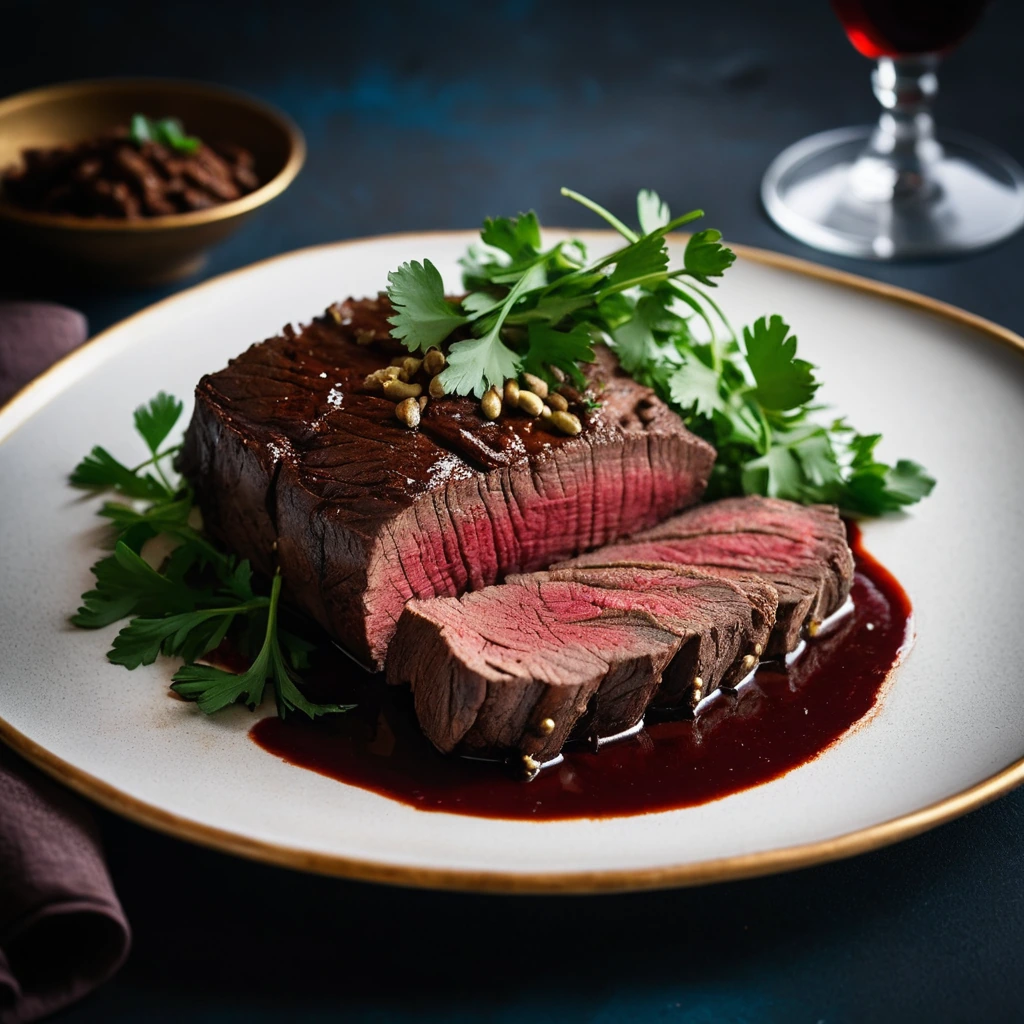 Golden beef loin roast on a platter with dark red sauce and fresh cilantro garnish