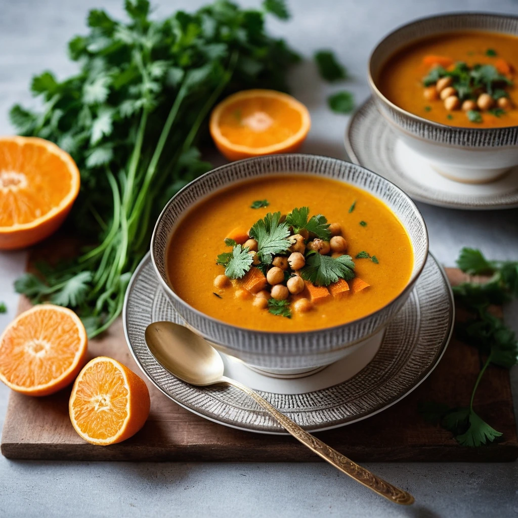 Golden soup with chunks of orange carrots and chickpeas in a shallow bowl, garnished with fresh cilantro.