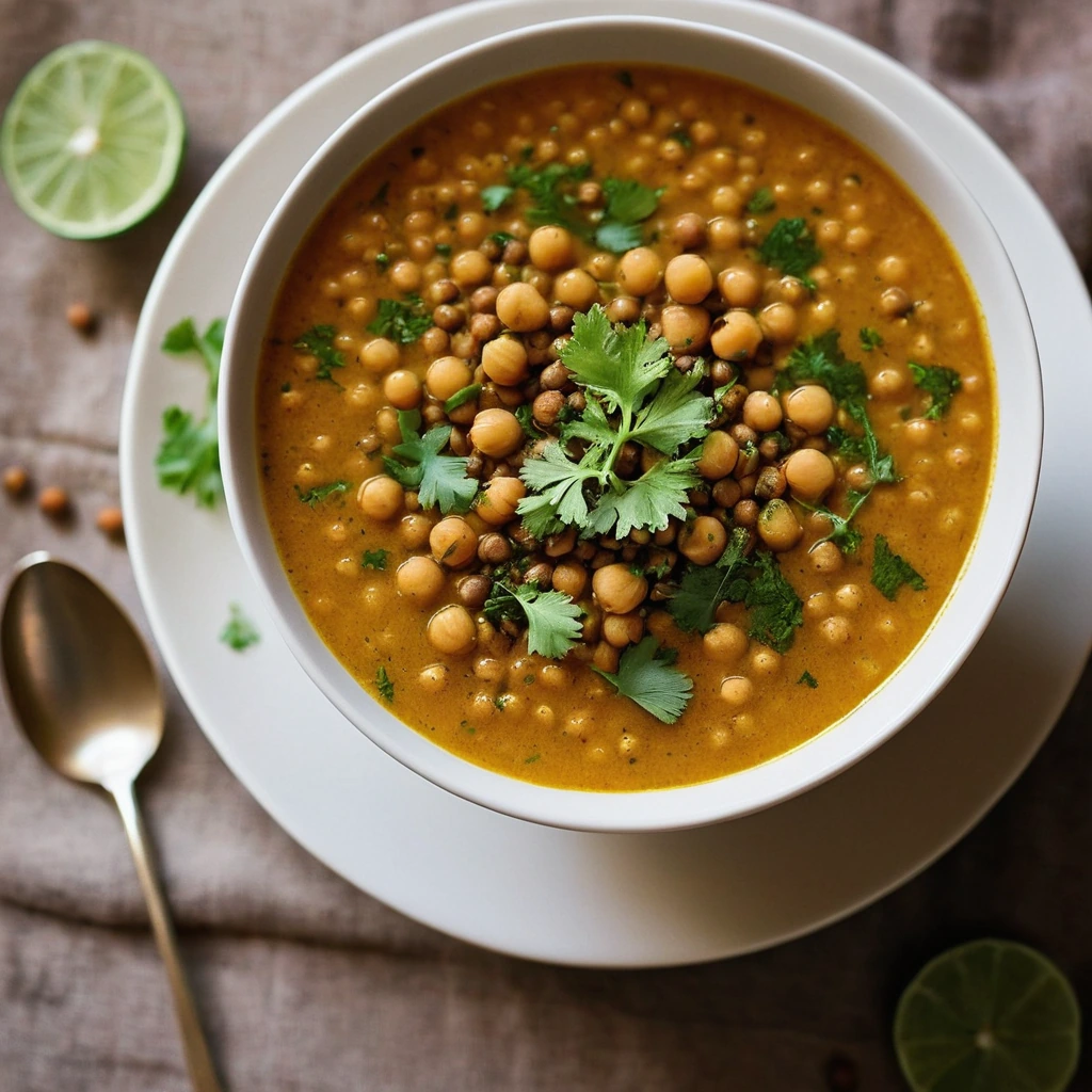 A steaming bowl of golden-orange soup with green cilantro garnish and a sprinkle of toasted cumin seeds.