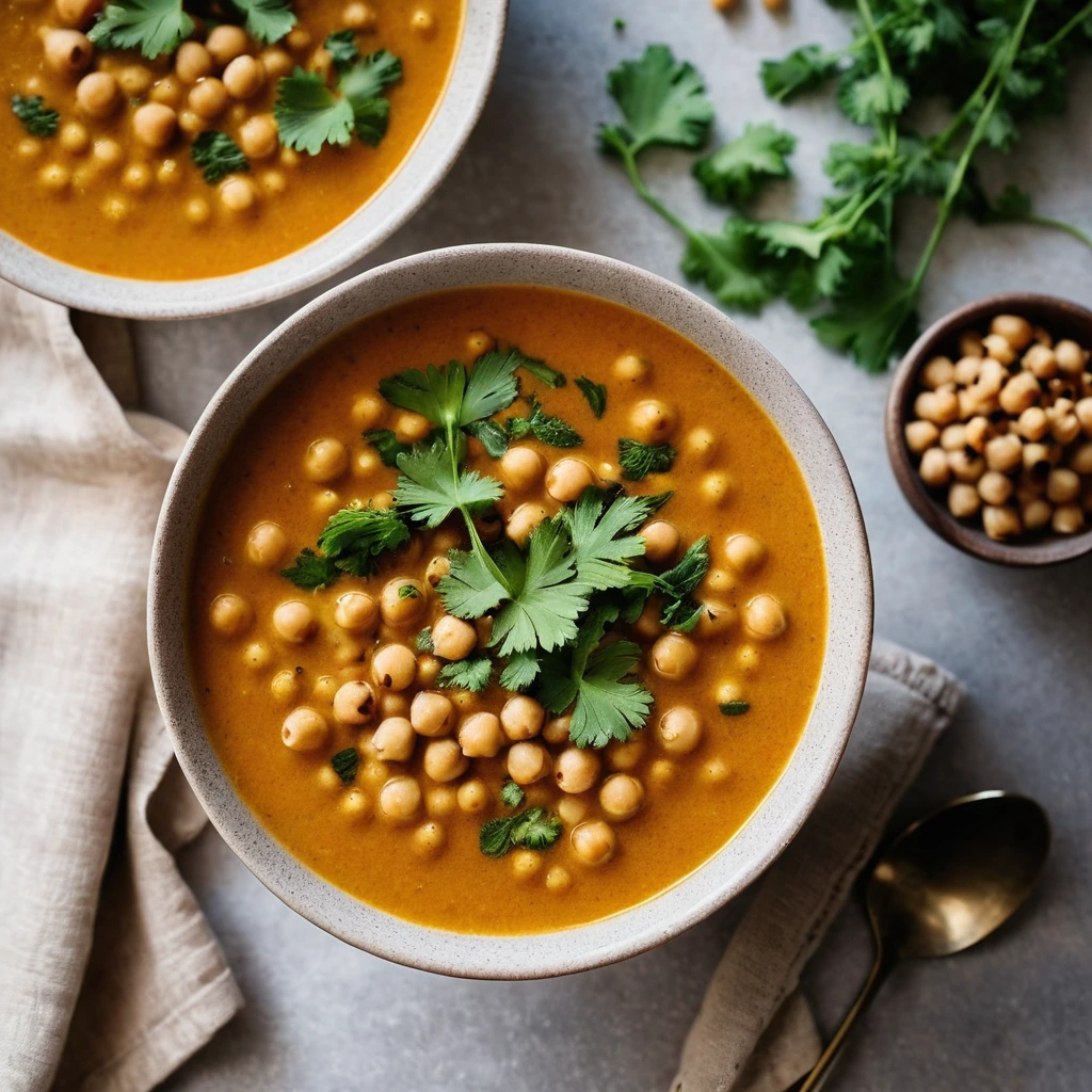 Steaming bowl of golden soup with chickpeas and cilantro garnish.