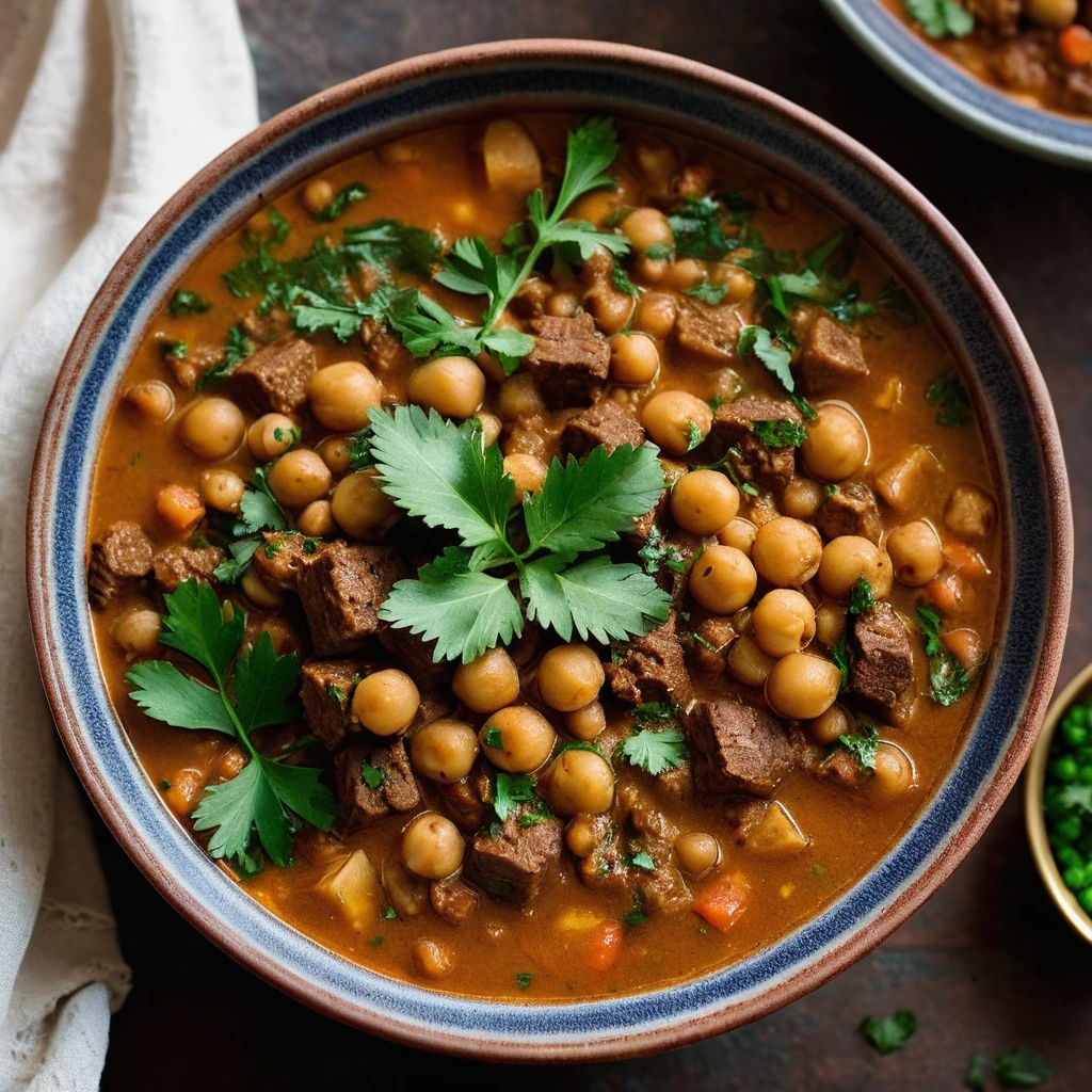 Rich golden stew in a deep bowl garnished with fresh cilantro and a lemon wedge.