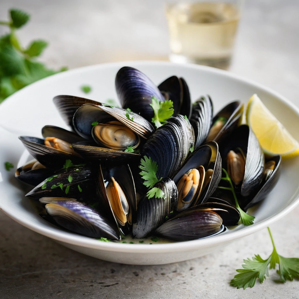Golden mussels in a steaming white wine broth garnished with parsley in a rustic bowl.