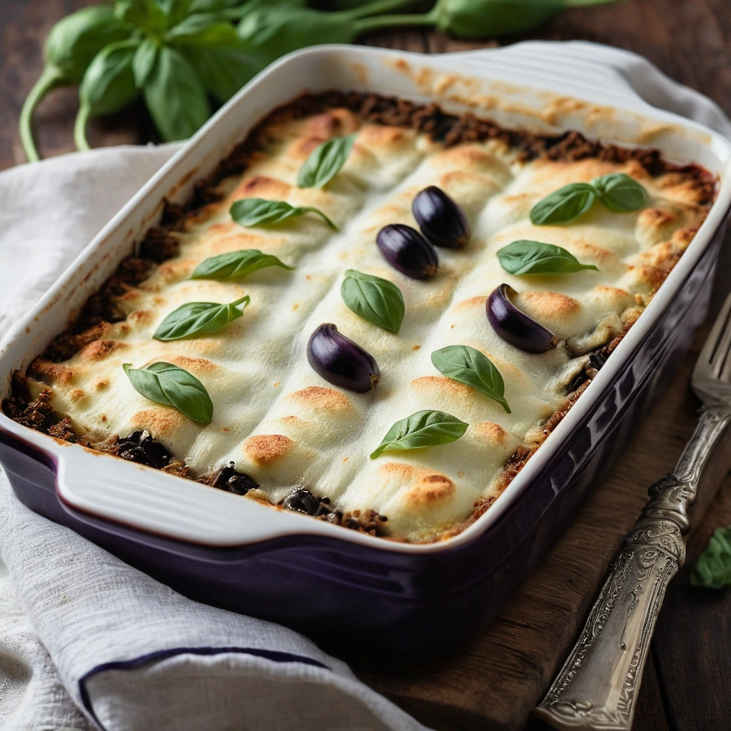 A rectangular baking dish filled with layered eggplant slices, ground beef, and golden béchamel topping, lightly browned.