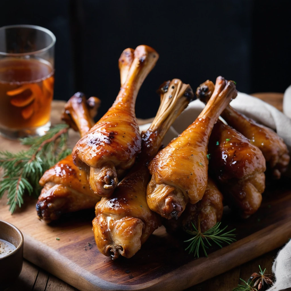 Golden brown chicken drumsticks glistening with a deep amber glaze, served on a rustic wooden board.