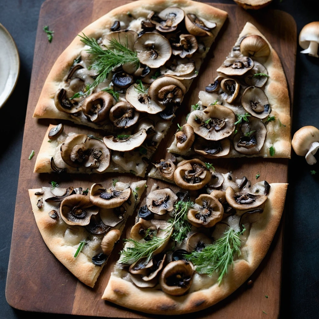 Golden flatbread topped with caramelized onions and earthy mushrooms, sprinkled with fresh herbs.