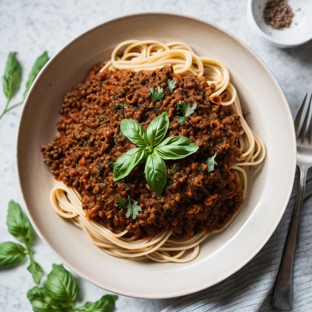 Bowl of spaghetti topped with rich brown bolognese sauce, garnished with fresh parsley.