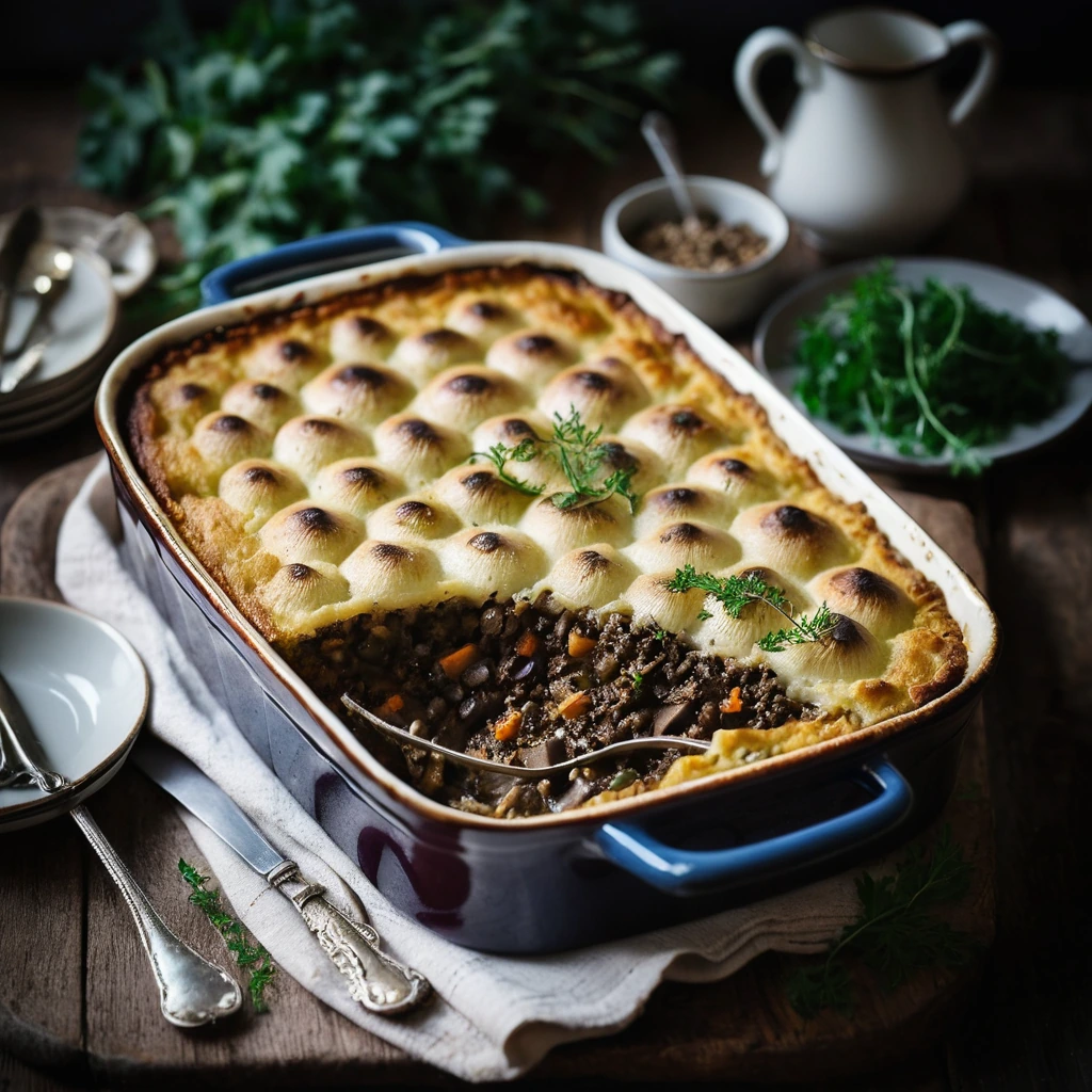 A rustic pie with a golden mashed potato topping, flecked with herbs, and a rich, dark filling in a baking dish.