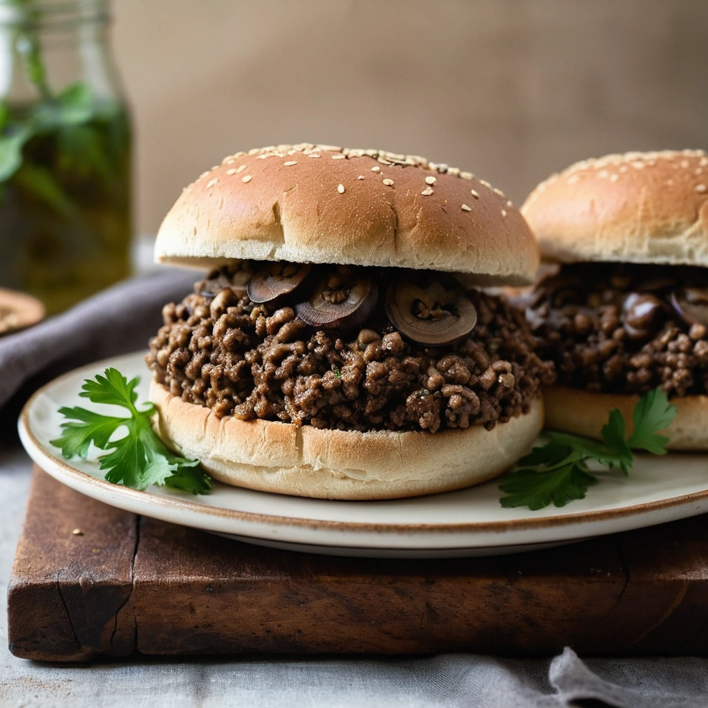 Rustic buns filled with a rich, dark-brown mushroom and lentil mixture, garnished with fresh parsley on a rustic plate.