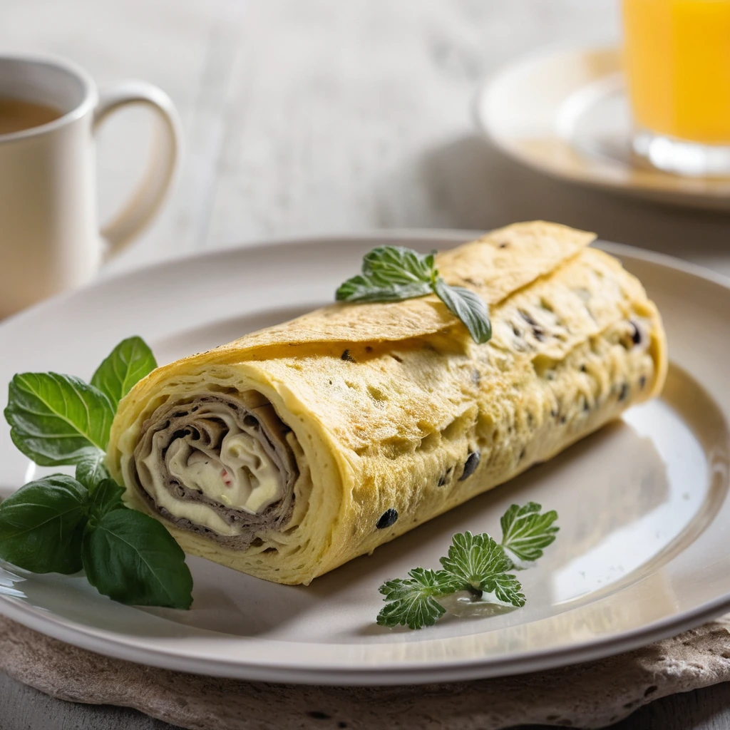 Golden omelette roll filled with mushrooms and Swiss cheese on a plate